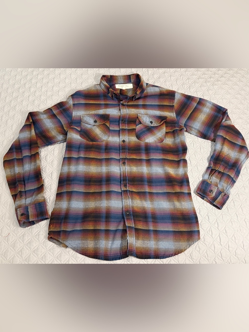 Ezekiel Mens Large Button Down Flannel Long Sleeve Shirt Plaid Ombre Brown Blend